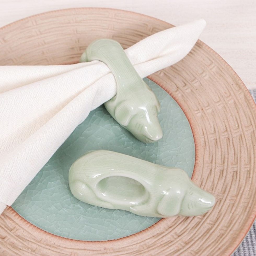 Dog-Themed Green Celadon Ceramic Napkin Rings Pair 'Perennial Grandeur'
