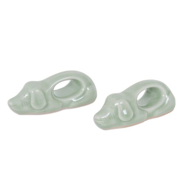 Alternate image for Dog-Themed Green Celadon Ceramic Napkin Rings Pair Perennial Grandeur