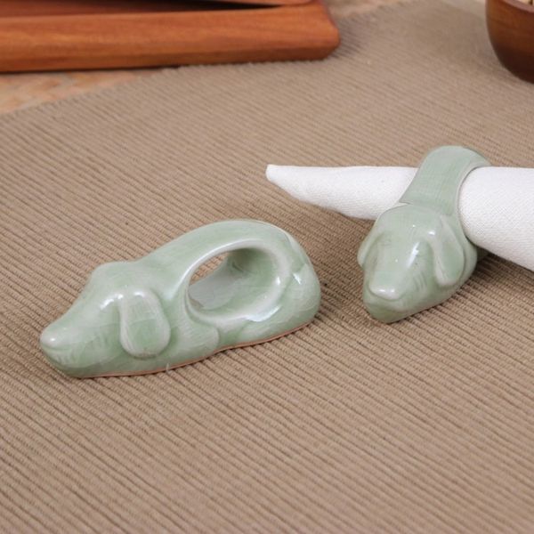 Alternate image for Dog-Themed Green Celadon Ceramic Napkin Rings Pair Perennial Grandeur