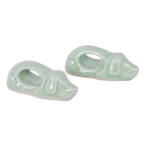 Alternate image for Dog-Themed Green Celadon Ceramic Napkin Rings Pair Perennial Grandeur
