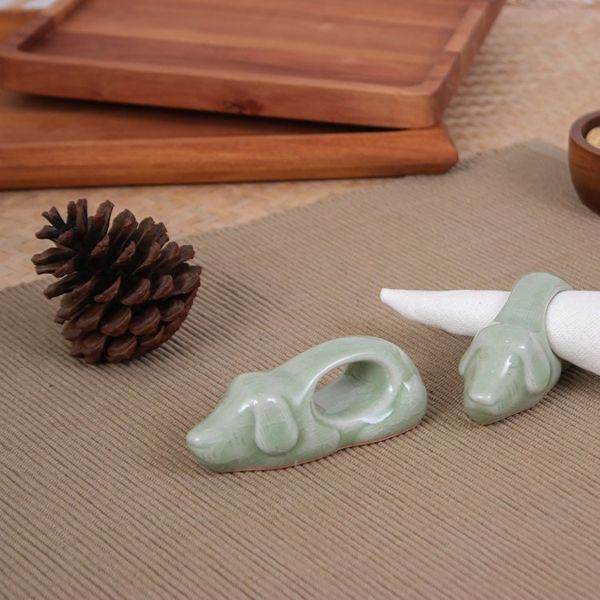 Alternate image for Dog-Themed Green Celadon Ceramic Napkin Rings Pair Perennial Grandeur