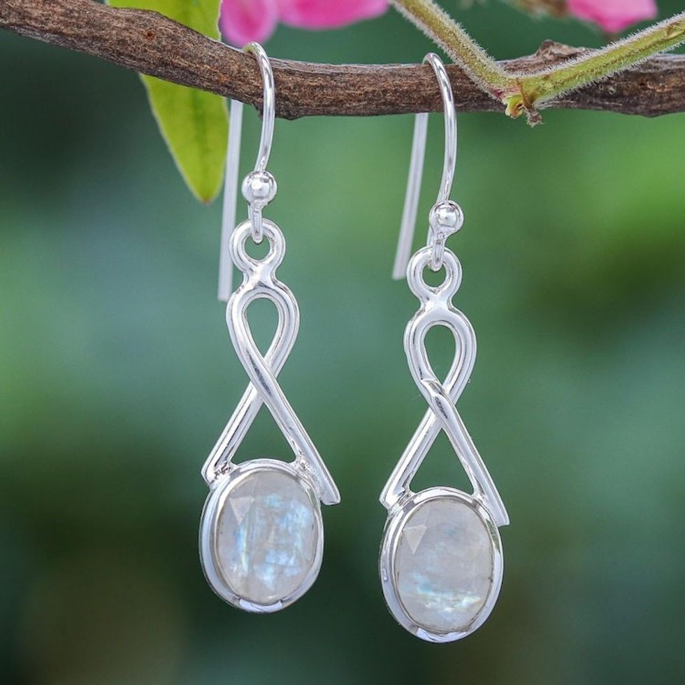 Rainbow Moonstone and Sterling Silver Dangle Earrings 'Promise Me Love in Blue Flash'