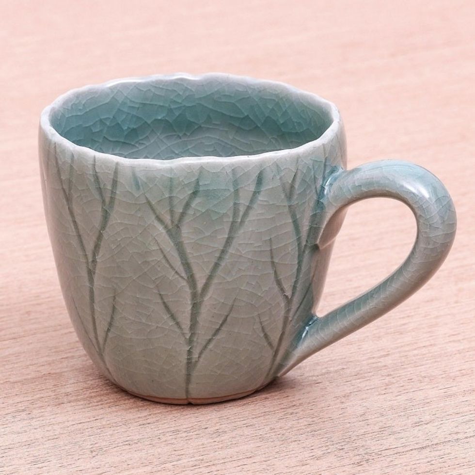 Handmade Celadon Ceramic Mug from Thailand 'Lotus Garden'