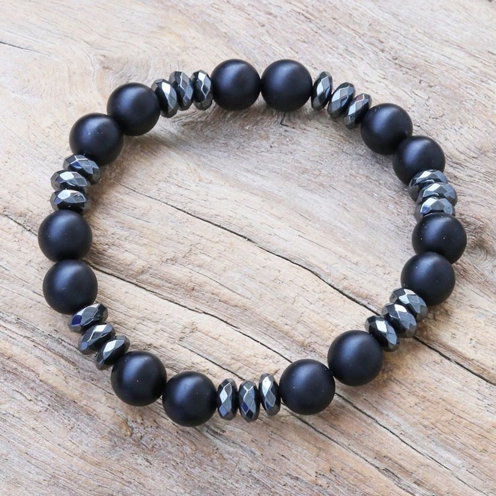 Hand Crafted Onyx and Hematite Beaded Bracelet 'Cool Night'
