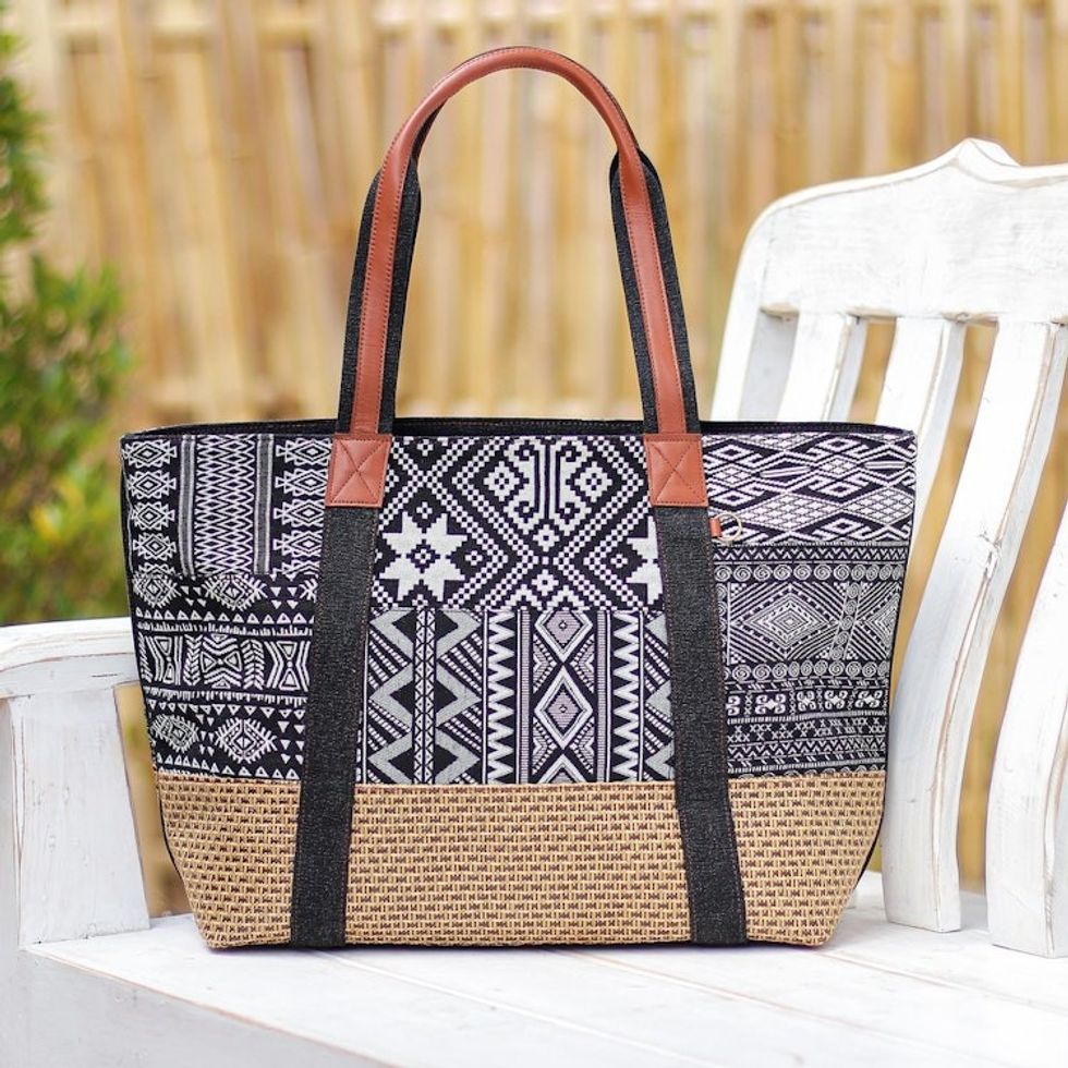 Black and White Cotton Blend Shoulder Bag 'Happy Journey in Black'