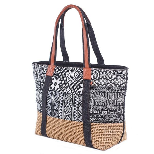 Alternate image for Black and White Cotton Blend Shoulder Bag Happy Journey in Black