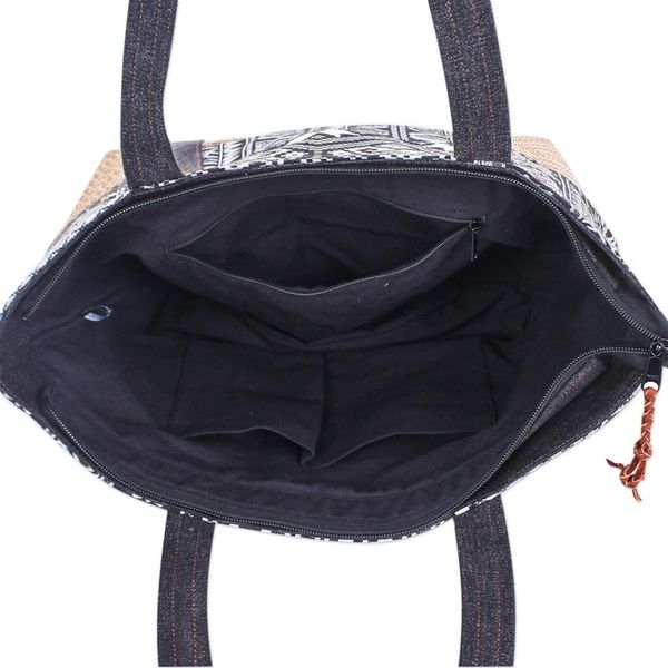 Alternate image for Black and White Cotton Blend Shoulder Bag Happy Journey in Black