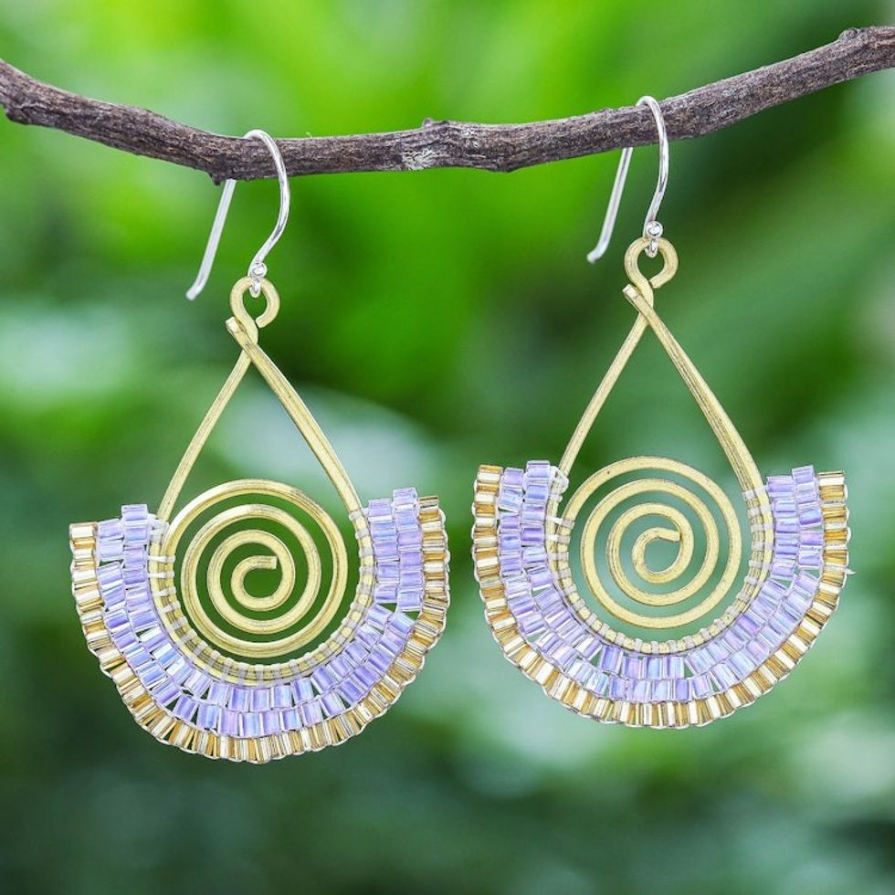 Lavender and Gold Glass Bead Spiral Dangle Earrings 'Spiral Fan in Lavender'