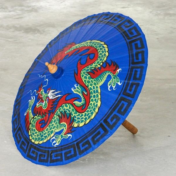 Alternate image for Hand-Painted Dragon-Motif Cotton Parasol Lucky Dragon in Blue