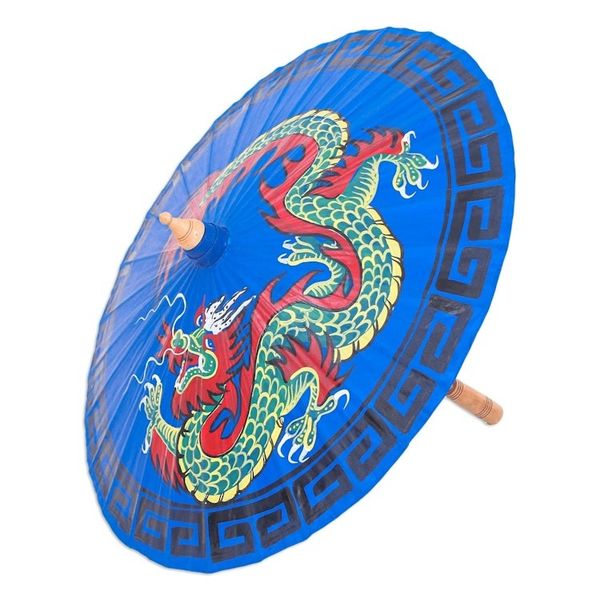 Alternate image for Hand-Painted Dragon-Motif Cotton Parasol Lucky Dragon in Blue