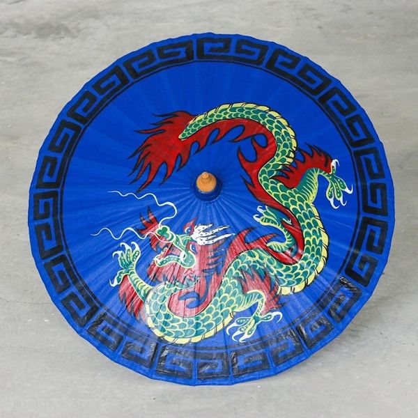 Alternate image for Hand-Painted Dragon-Motif Cotton Parasol Lucky Dragon in Blue