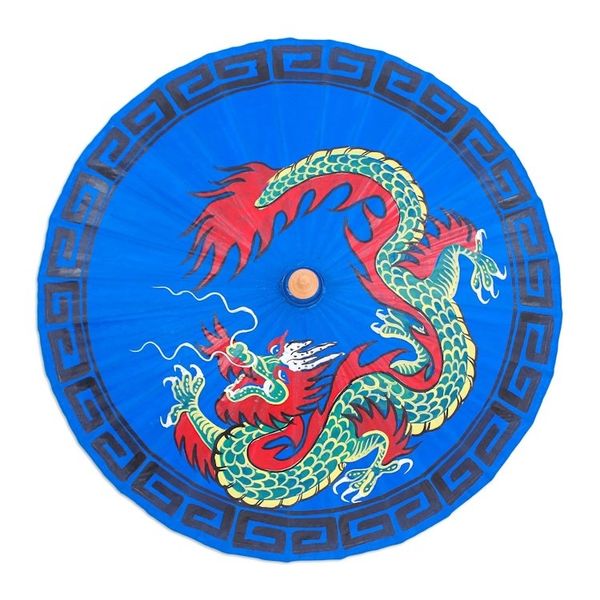 Alternate image for Hand-Painted Dragon-Motif Cotton Parasol Lucky Dragon in Blue