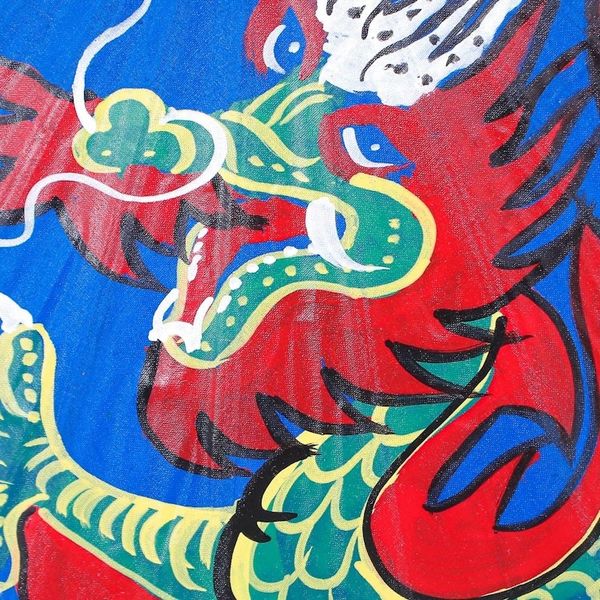 Alternate image for Hand-Painted Dragon-Motif Cotton Parasol Lucky Dragon in Blue