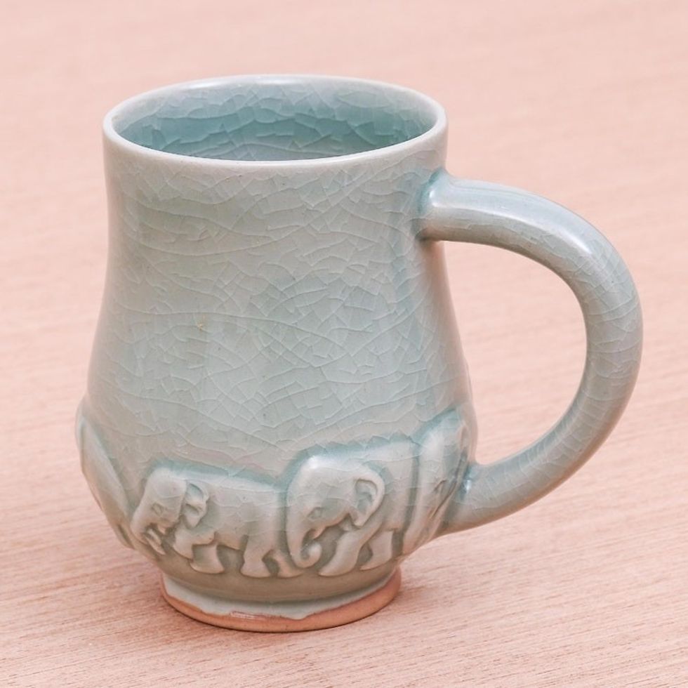 Crackled Finish Aqua Elephant Themed Celadon Mug 'Elephant Walk'