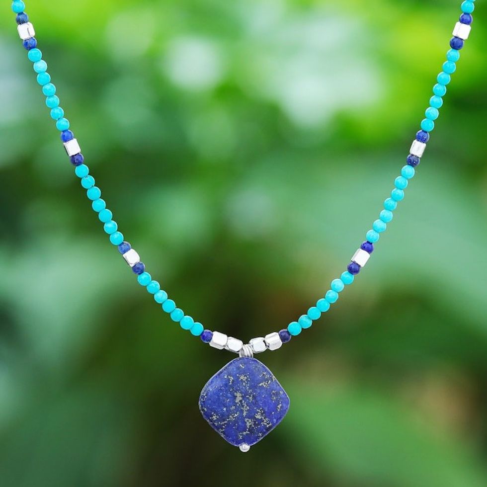 Lapis Lazuli and Blue Howlite Beaded Pendant Necklace 'Nature Moon'
