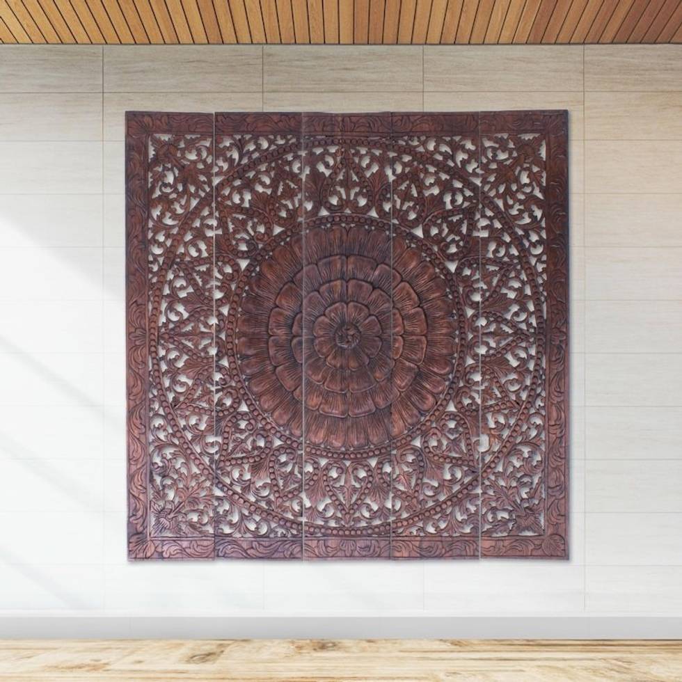 Reclaimed Teak Wood Lotus-Motif Relief Panel Set of 5 'Classic Lotus'