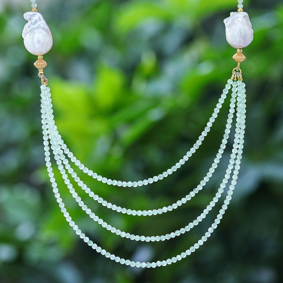 Gold-Accented Pearl and Chalcedony Necklace from Thailand 'Icy Shores in Green'