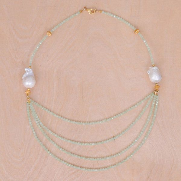 Alternate image for Gold-Accented Pearl and Chalcedony Necklace from Thailand Icy Shores in Green