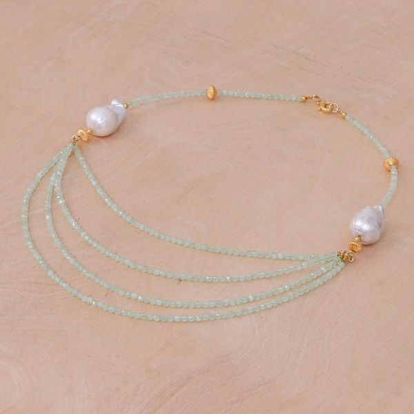 Alternate image for Gold-Accented Pearl and Chalcedony Necklace from Thailand Icy Shores in Green