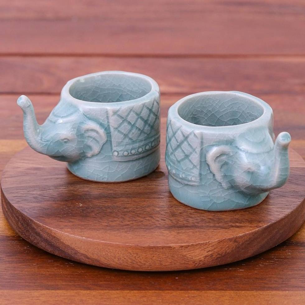 Aqua Celadon Ceramic Elephant Themed Teacups Pair 'Elephant Essence in Aqua'