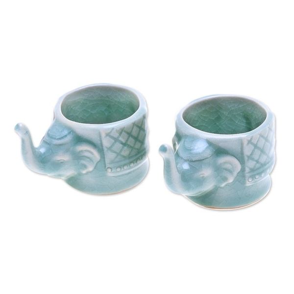 Alternate image for Aqua Celadon Ceramic Elephant Themed Teacups Pair Elephant Essence in Aqua