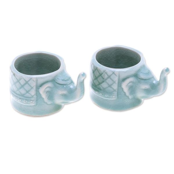 Alternate image for Aqua Celadon Ceramic Elephant Themed Teacups Pair Elephant Essence in Aqua