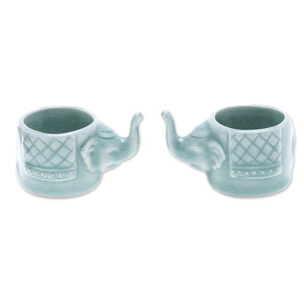 Alternate image for Aqua Celadon Ceramic Elephant Themed Teacups Pair Elephant Essence in Aqua