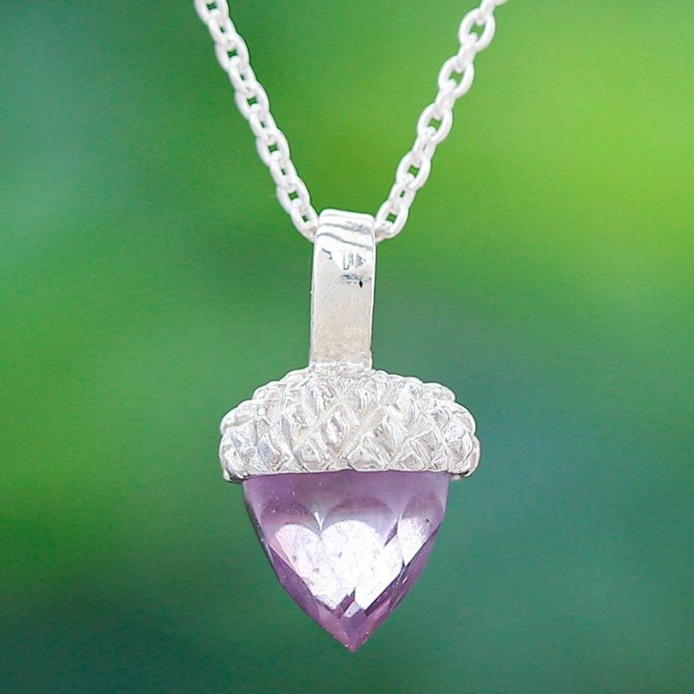 Sterling Silver and Amethyst Pendant Necklace 'Lovely Acorn in Purple'