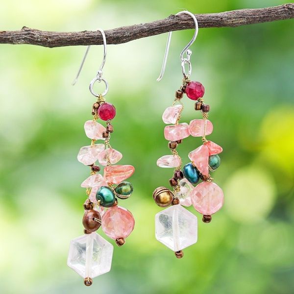 Alternate image for Rose Quartz and Cultured Pearl Dangle Earrings Translucent Rose