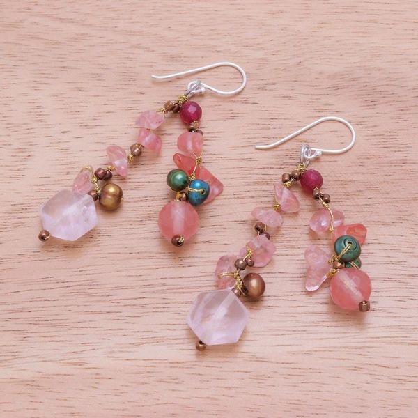 Alternate image for Rose Quartz and Cultured Pearl Dangle Earrings Translucent Rose