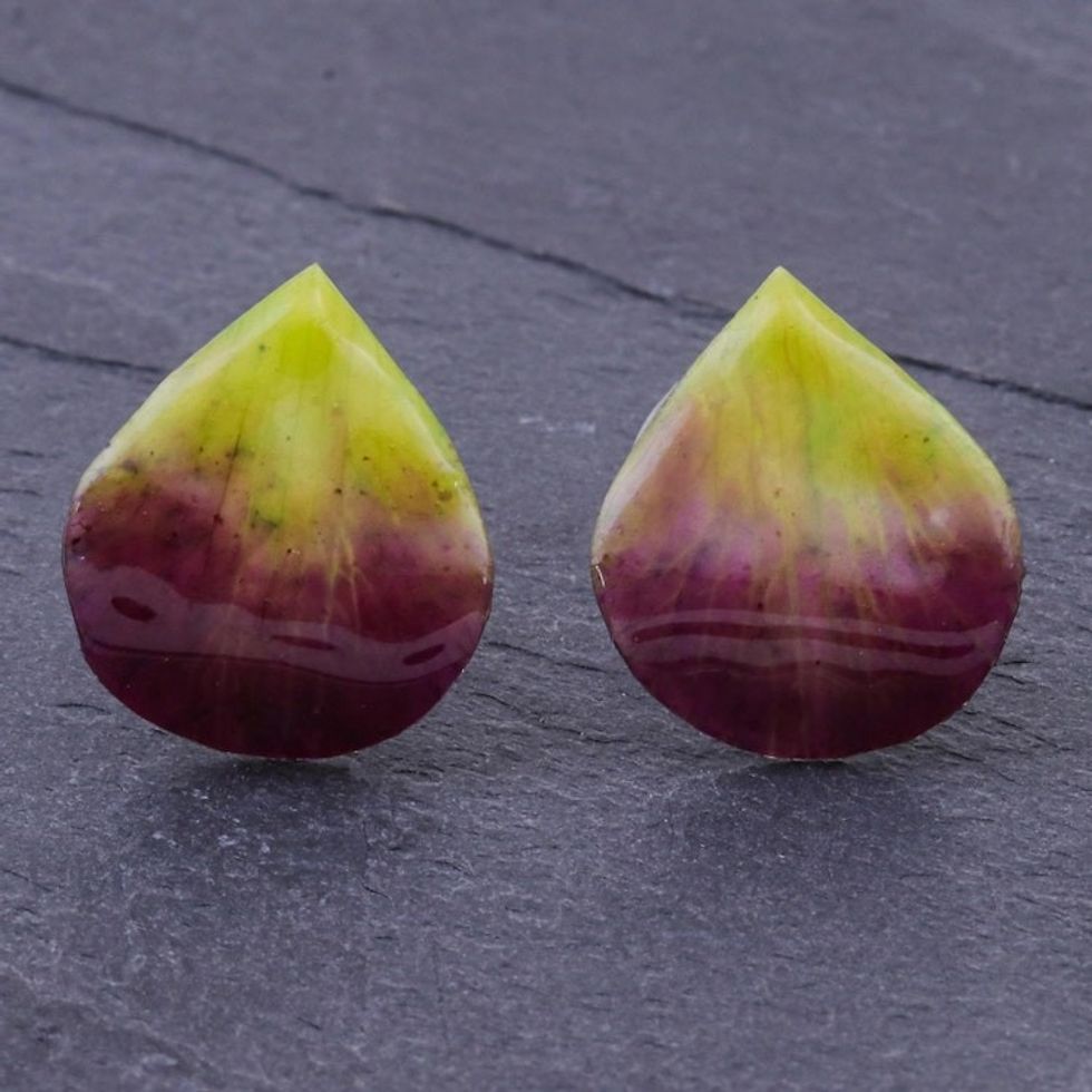 Hand Made Orchid Petal Button Earrings 'Orchid Kiss in Green'