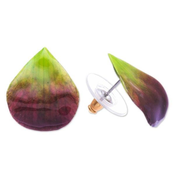 Alternate image for Hand Made Orchid Petal Button Earrings Orchid Kiss in Green