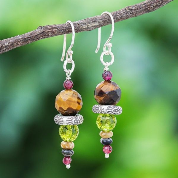 Alternate image for Tigers Eye and Garnet Dangle Earrings from Thailand Dream Forest