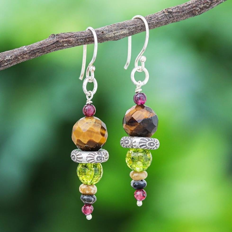 Tiger's Eye and Garnet Dangle Earrings from Thailand 'Dream Forest'