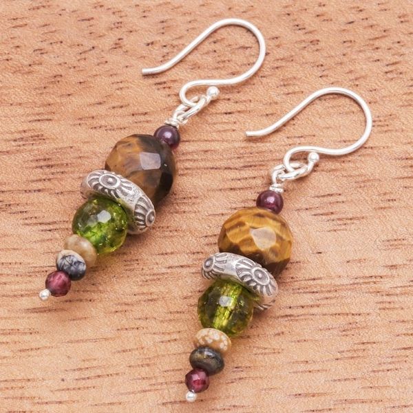 Alternate image for Tigers Eye and Garnet Dangle Earrings from Thailand Dream Forest