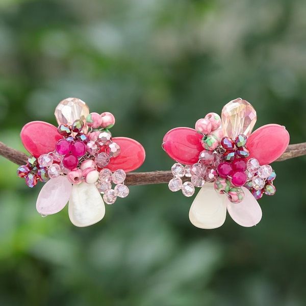 Alternate image for Agate and Rose Quartz Cluster Clip-On Earrings Solaris in Pink