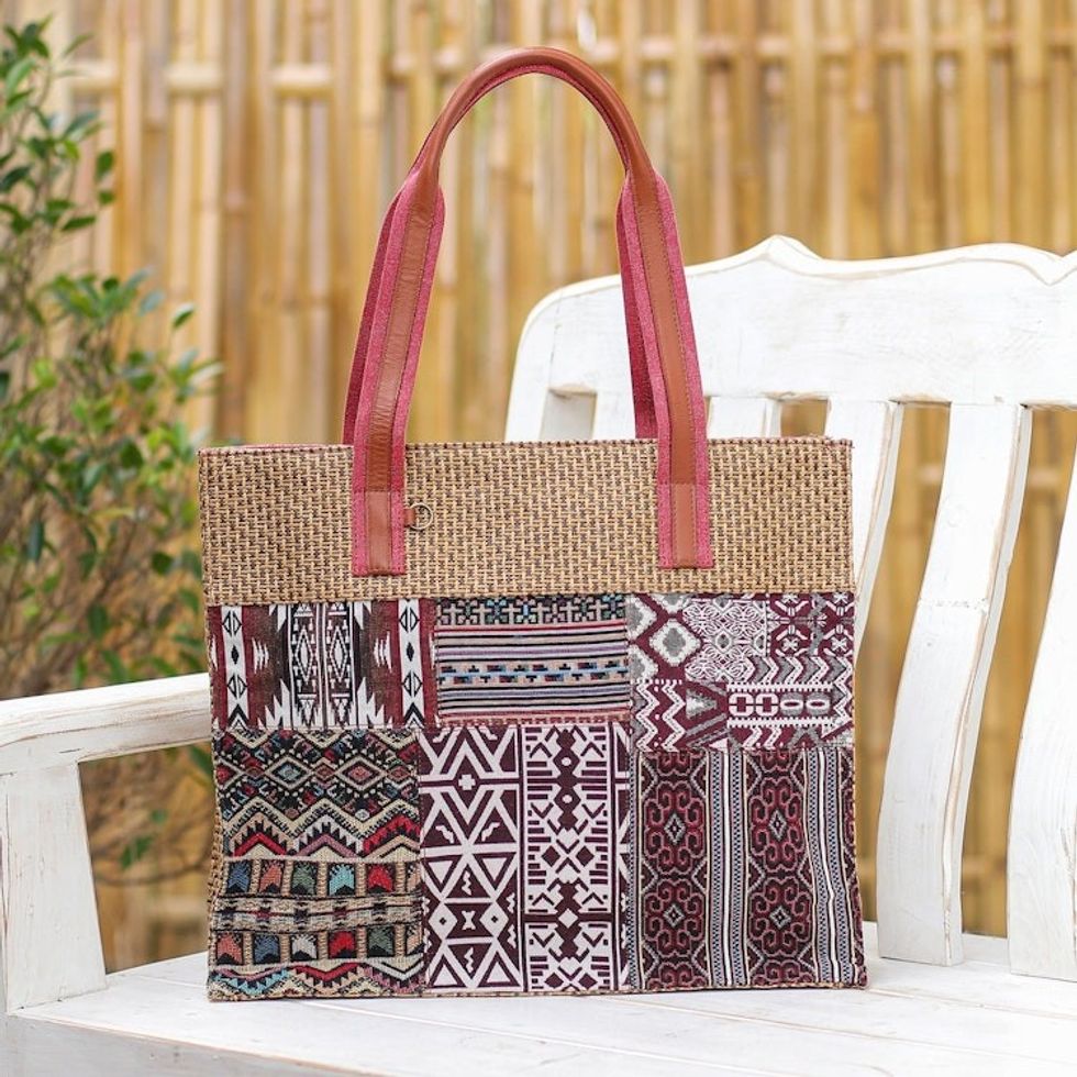 Leather-Accented Cotton Blend Tote Bag 'Chill Night in Red'