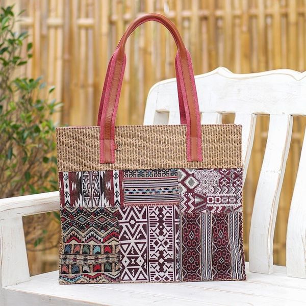 Alternate image for Leather-Accented Cotton Blend Tote Bag Chill Night in Red