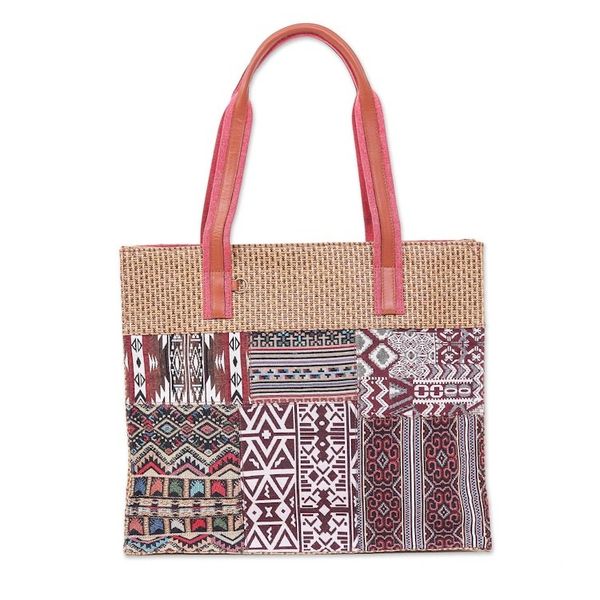 Alternate image for Leather-Accented Cotton Blend Tote Bag Chill Night in Red