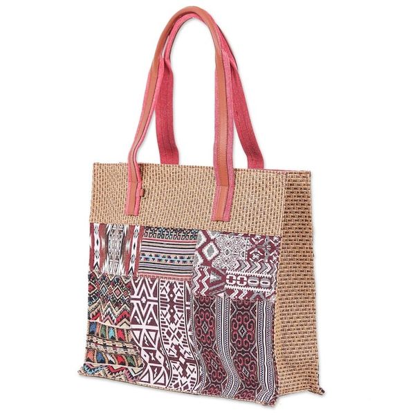 Alternate image for Leather-Accented Cotton Blend Tote Bag Chill Night in Red