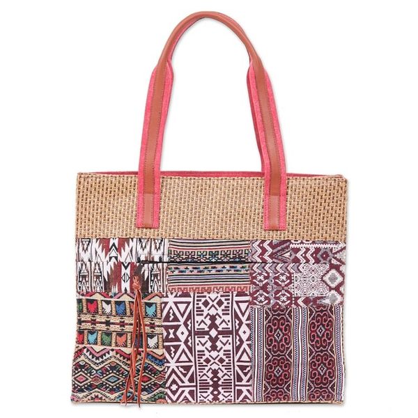 Alternate image for Leather-Accented Cotton Blend Tote Bag Chill Night in Red