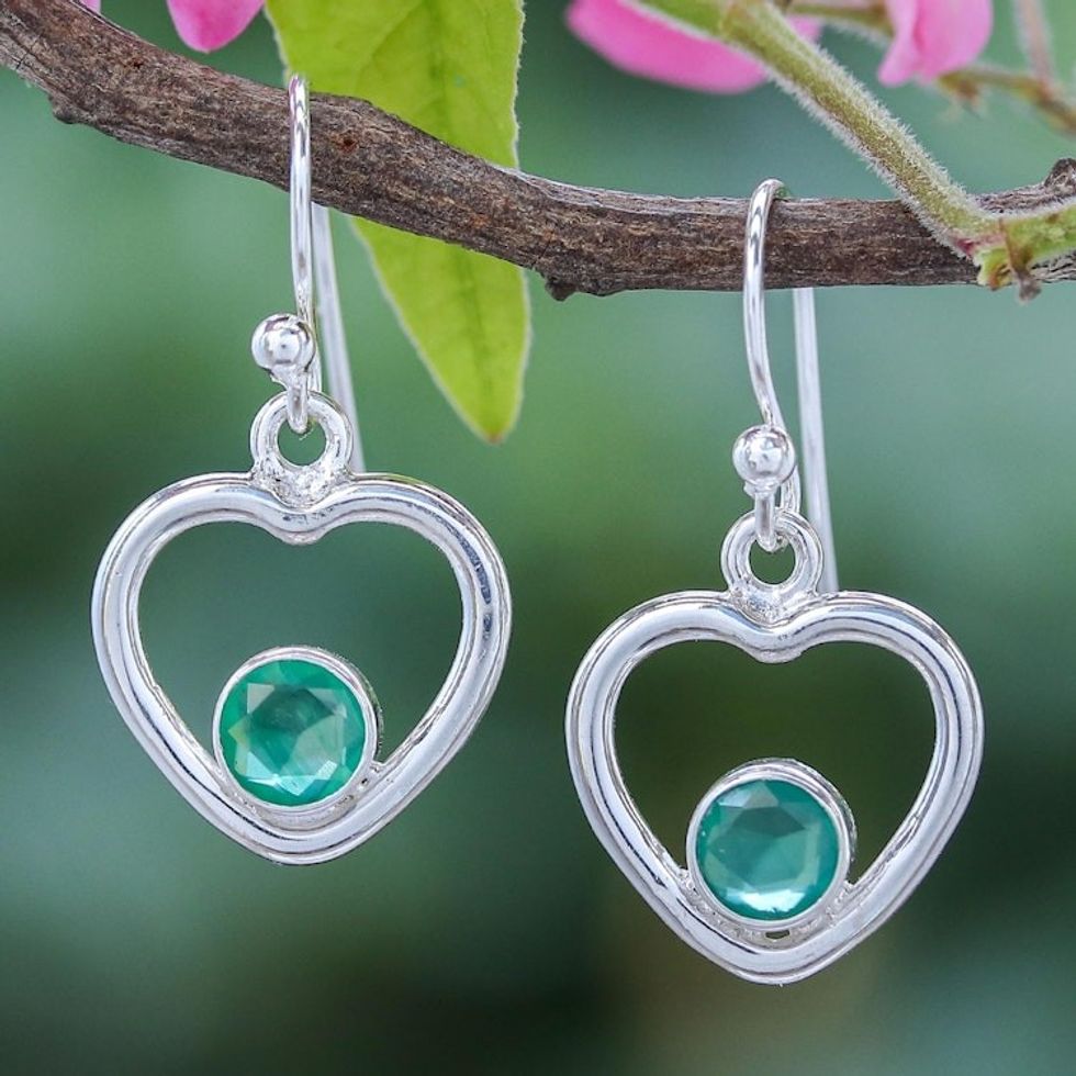 Green Chalcedony Dangle Earrings with Heart Motif 'Earnest Offer in Green'