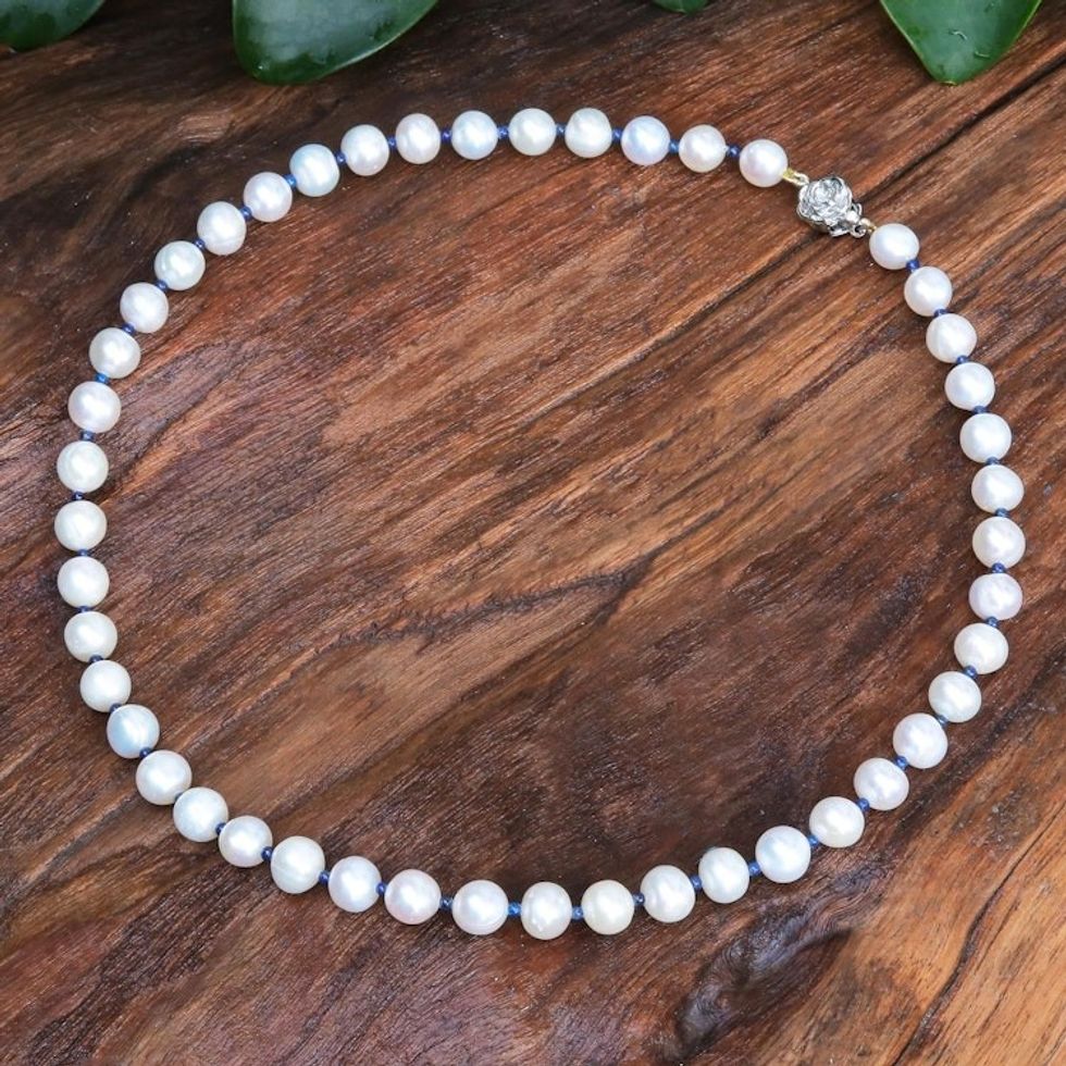 Handmade Cultured Pearl and Lapis Lazuli Beaded Necklace 'Sea Catch in Blue'