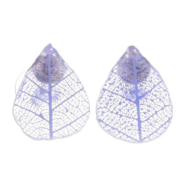 Alternate image for Blue Rubber Tree Leaf Button Earrings from Thailand Tea Garden in Purple