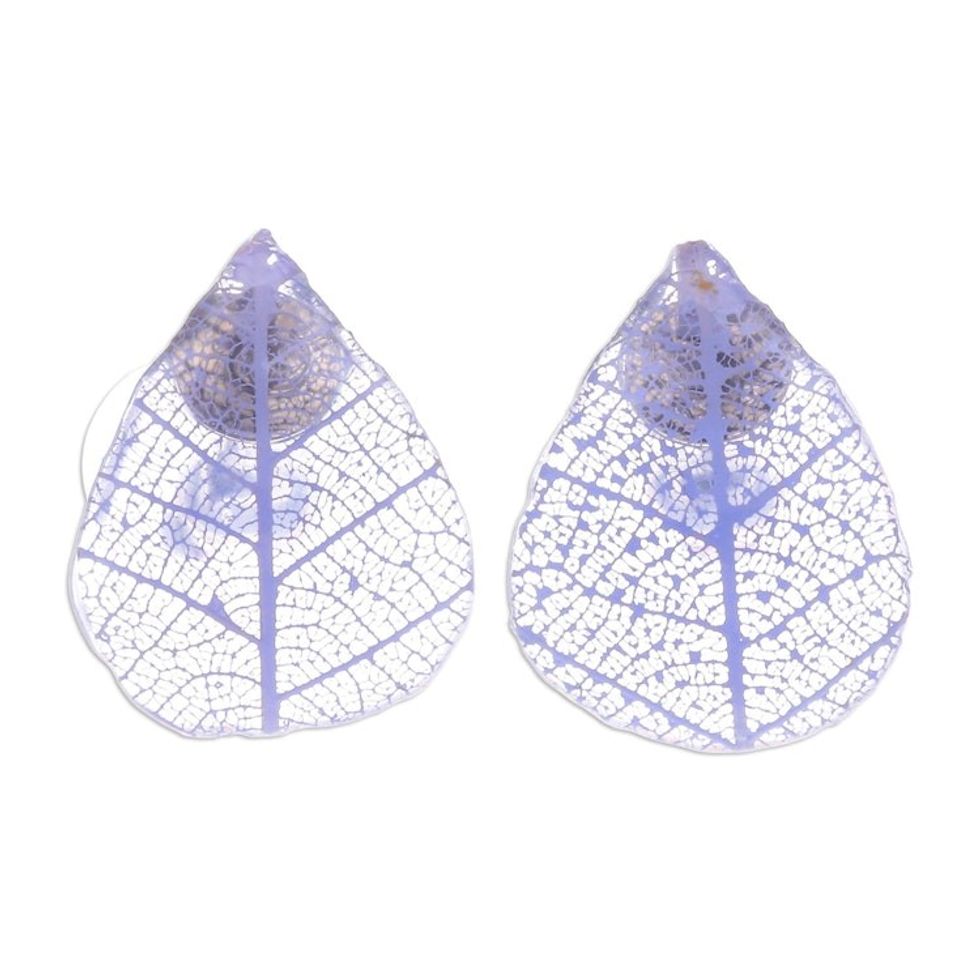 Blue Rubber Tree Leaf Button Earrings from Thailand 'Tea Garden in Purple'