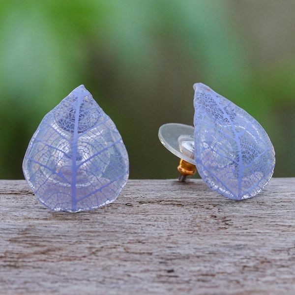 Alternate image for Blue Rubber Tree Leaf Button Earrings from Thailand Tea Garden in Purple