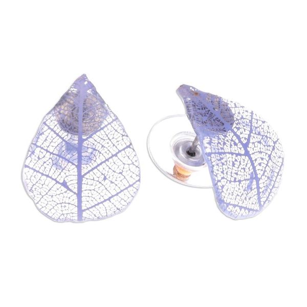Alternate image for Blue Rubber Tree Leaf Button Earrings from Thailand Tea Garden in Purple