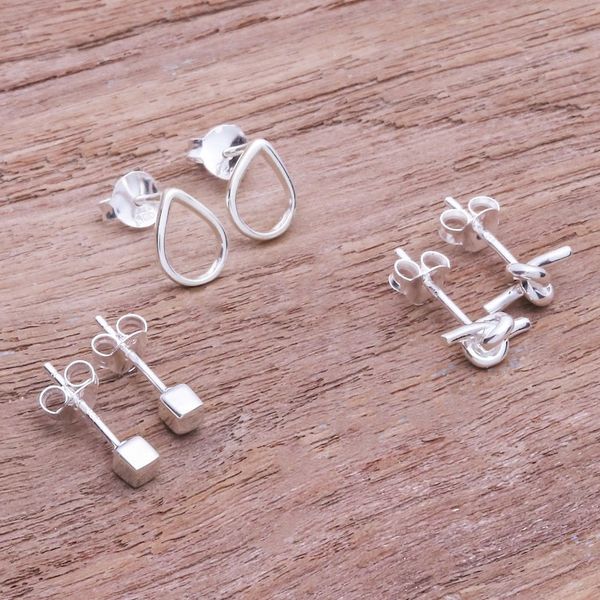 Alternate image for Artisan Crafted Sterling Silver Stud Earrings Set of 3 Subtle Charm