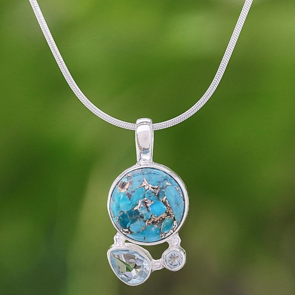 Reconstituted Turquoise and Blue Topaz Pendant Necklace 'Love Orbit in Blue'