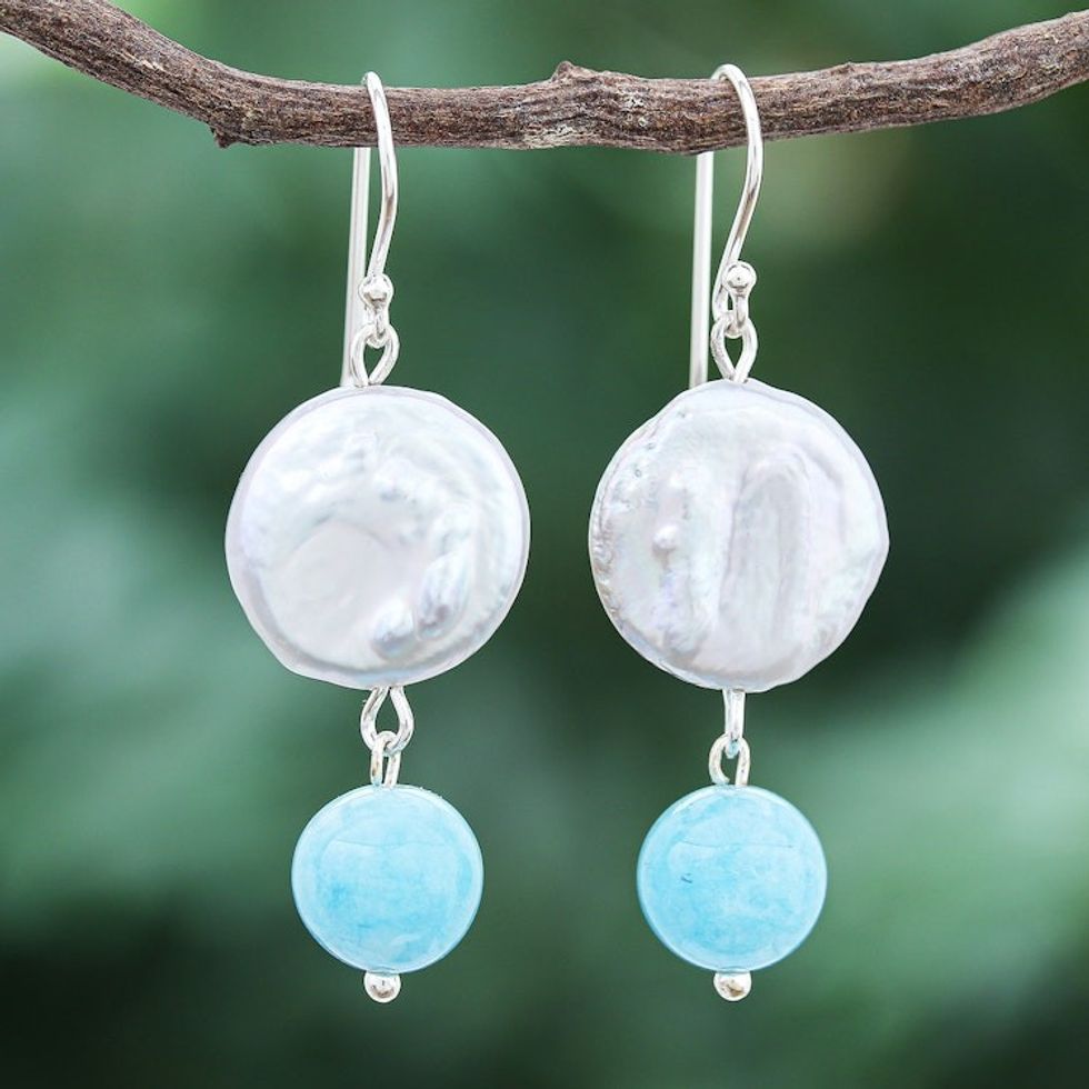 Cultured Freshwater Pearl and Quartz Dangle Earrings 'Blue Candy Sea'